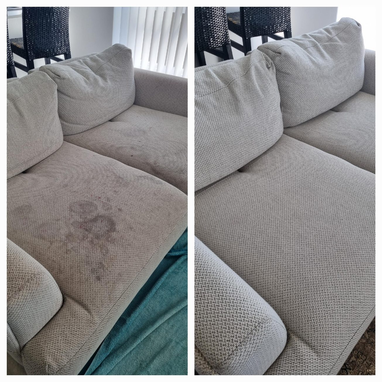 Before and after on a fabric lounge: a stained seat cushion on the left, the same cushion clean on the right