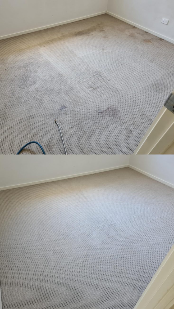 Before and after of a bedroom carpet on a vacate clean: heavily marked above, clean and even below