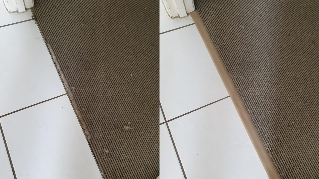 Before and after at a doorway: a frayed carpet edge on the left, the same edge finished with a transition strip on the right